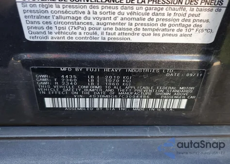 2012 Subaru Legacy 2.5I Premium z USA, uszkodzony, nr VIN 4S3BMBG67C3004486